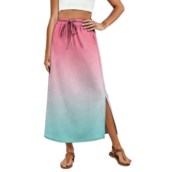 Gradient High Waisted Skirt, Casual Flowy Long Skirt with Slit and Pockets, Summer Ombre A-Line Slacks