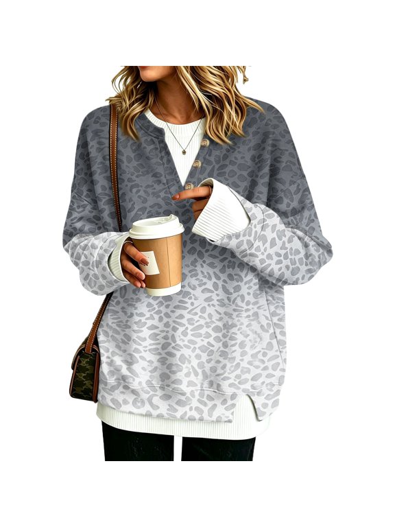 Gradient Leopard Print Fake Two Piece Long Sleeve Sweatshirt Crew Neck Loose Drop Shoulder Casual Pullover Tops for Daily Wear , L