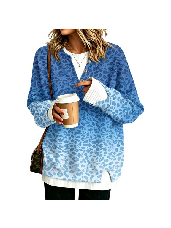 Gradient Leopard Print Fake Two Piece Long Sleeve Sweatshirt Crew Neck Loose Drop Shoulder Casual Pullover Tops for Daily Wear , L