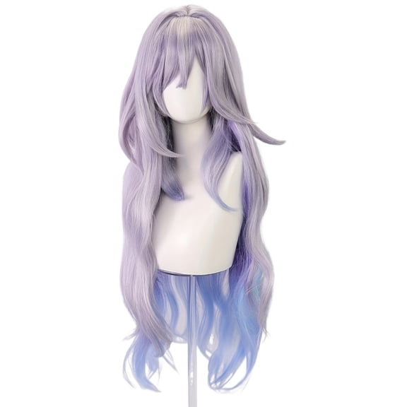 Gradient Light Purple to Light Blue Large Wavy Synthetic Hair Wigs with Bangs for Cosplay and Festivals