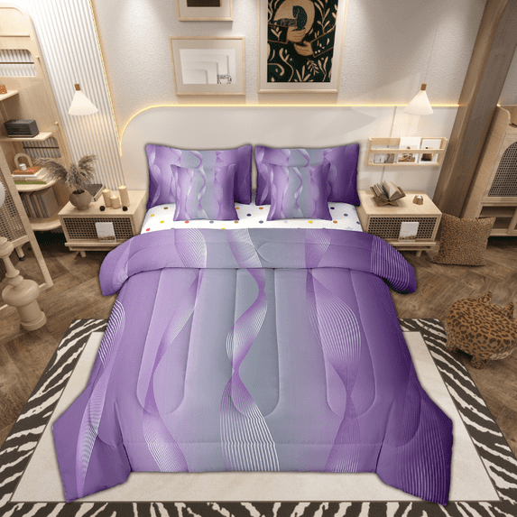 Gradient Lilac and Grey Bed in a Bag Queen Comforter Set 7 Piece,Silver Foil Print Wave Striped Bedding Sets Abstract Ombre Art Sheet Set with Comforter
