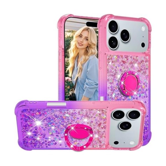Gradient Liquid Glitter Case for Apple iPhone 17 Pro 6.3" with Ring Kickstand, Women Girls Cute Bling Heart Floating Sparkle Soft TPU Shockproof Cover for iPhone 17 Pro JB-Pink Purple