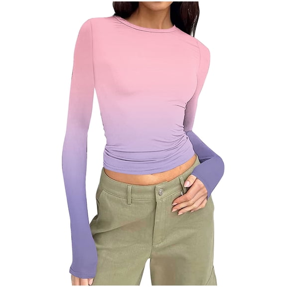Gradient Long Sleeve Tops for Women Slim Fit Stretchy Crewneck Tee Fall Winter Ombre Fitted Basic Shirt