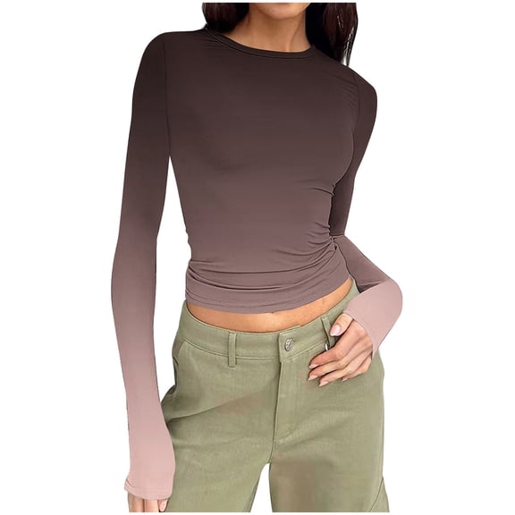 Gradient Long Sleeve Tops for Women Slim Fit Stretchy Crewneck Tee Fall Winter Ombre Fitted Basic Shirt