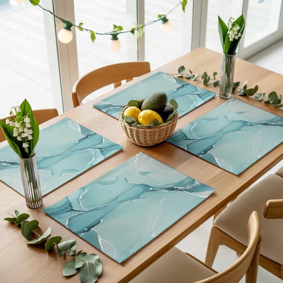 Gradient Marble Agate Stone Placemats Set of 4,Wipeable Washable Table Mats for Dining Tables, Aqua White Ombre Lines Place Mats for Kitchen Event Party Tabletop Decor