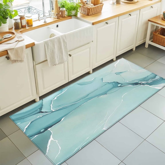 Gradient Marble Agate Stone Rectangle Area Rug 2x6ft,Living Room Rug Non-Slip Washable Circle Rugs Pad,Aqua White Ombre Lines Soft Floor Carpet for Bedroom Dining Room