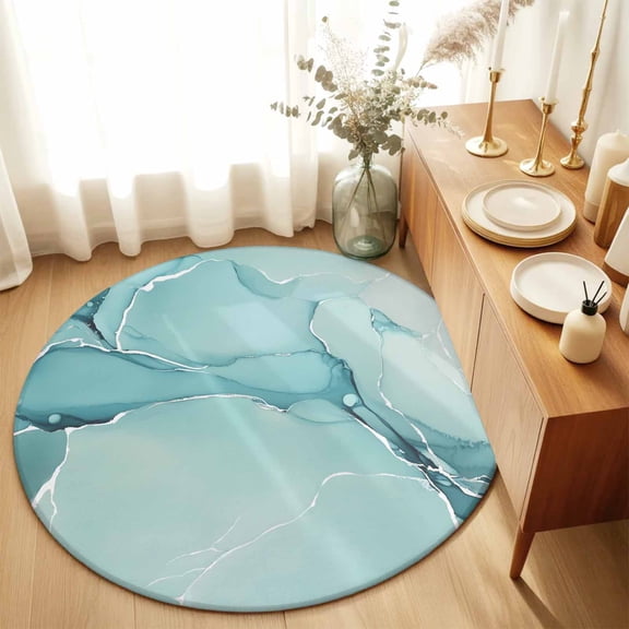 Gradient Marble Agate Stone Round Rug 3ft Aqua White Ombre Lines Washable Area Rugs for Living Room Bedroom Entryway Non Slip Entrance Door Mat Indoor Floor Carpet