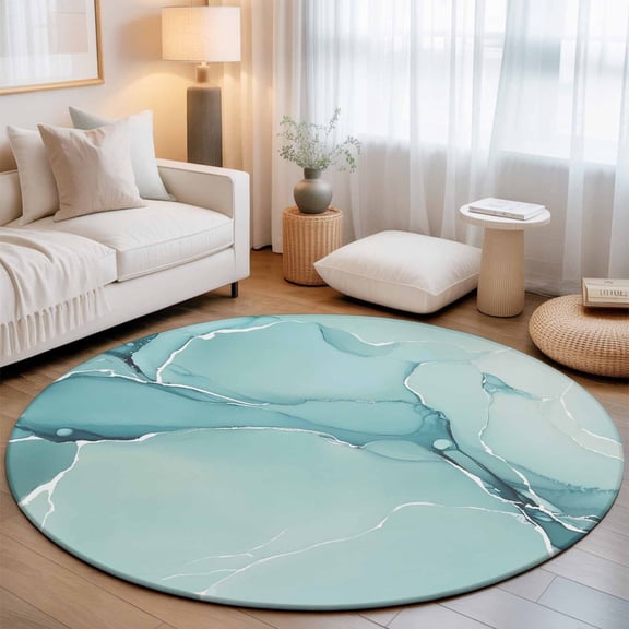 Gradient Marble Agate Stone Round Rug 5ft Aqua White Ombre Lines Washable Area Rugs for Living Room Bedroom Entryway Non Slip Entrance Door Mat Indoor Floor Carpet