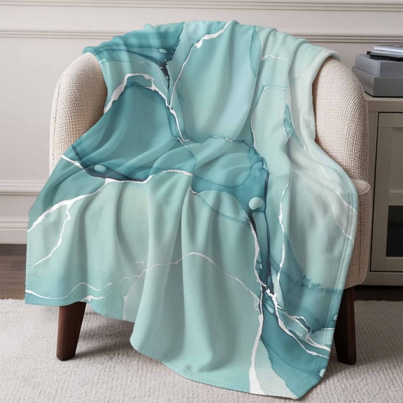 Gradient Marble Agate Stone Throw Blanket Flannel Fleece Throws, Aqua White Ombre Lines Lightweight Super Soft Warm Blankets for Couch Sofa Bed All Season Use, 50x60 in