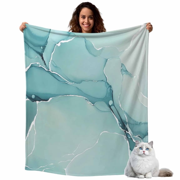 Gradient Marble Agate Stone Throw Blanket Flannel Fleece Throws, Aqua White Ombre Lines Lightweight Super Soft Warm Blankets for Couch Sofa Bed All Season Use, 40x50 in
