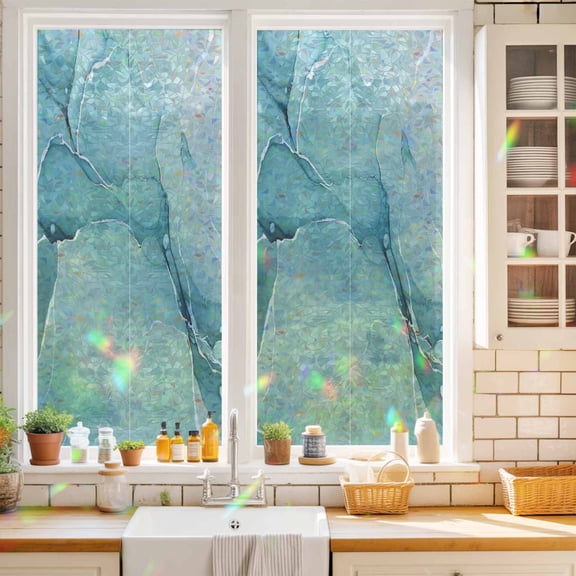 Gradient Marble Agate Stone Window Privacy Film,Decorative Windows Static Cling Aqua White Ombre Lines Heat Control Removable Glass Sticker for Home Bathroom Bedroom Window Door,17.7x39.3in