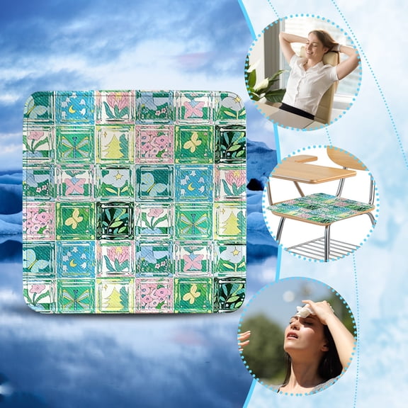 Gradient Mosaic Grid Ice Silk Cooling Seat Pad Built-In Elastic Cool Gel Anti Wipeable Breathable Chair Cushion Portable Mat For Dining Office Sofa Car Student Long Sitting Use