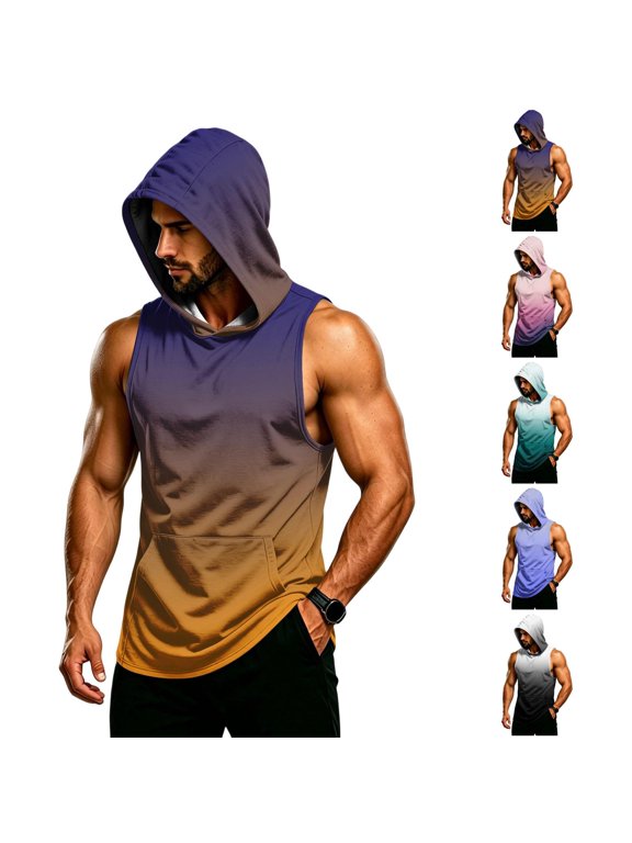 Gradient Muscle Shirt For Men, Sleeveless Pullover Hoodie Vest with Kangaroo Pocket - Quick Dry Bodybuilding Stringer for Summer Gym & Outdoor Training Green L