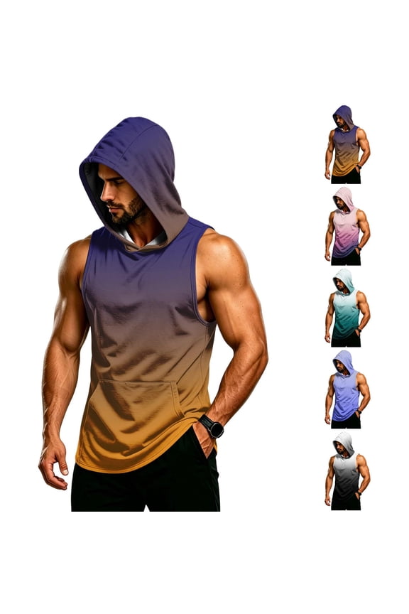Gradient Muscle Shirt For Men, Sleeveless Pullover Hoodie Vest with Kangaroo Pocket - Quick Dry Bodybuilding Stringer for Summer Gym & Outdoor Training Green S