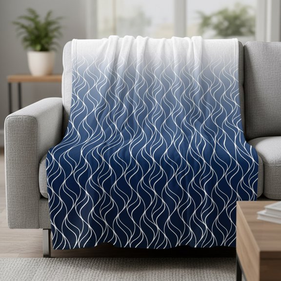 Gradient Navy Blue Fleece Throw Blanket Abstract Morocco Blue Curved Lines Ultra Soft Fuzzy Cozy Flannel Throw Blanket for Couch Sofa Bed Car Travel, Ideal Gifts 30x40 Inches
