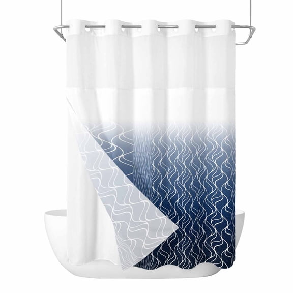 Gradient Navy Blue No Hook Shower Curtain and Snap in Liner Set, Abstract Morocco Blue Curved Lines Waterproof Shower Curtain Liner Set with Mesh Top Window for Bathroom 48x72in