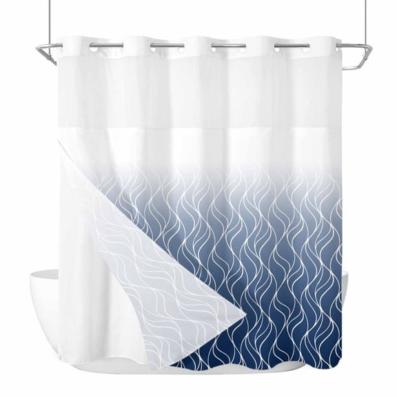 Gradient Navy Blue No Hook Shower Curtain and Snap in Liner Set, Abstract Morocco Blue Curved Lines Waterproof Shower Curtain Liner Set with Mesh Top Window for Bathroom 72x72in