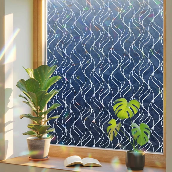 Gradient Navy Blue Window Privacy Film, Abstract Morocco Blue Curved Lines Stained Glass Rainbow Film Decorative Window Clings, Static Cling Sun Blocking Stickers 19.6" x 39.3"
