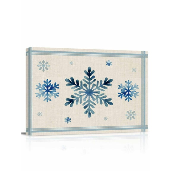 Gradient Navy Winter Snowflakes Canvas Print Wall Art Blue Stripes Christmas Vintage Pictures Painting Morden Artwork for Living Room Bedroom, Ready to Hang - 12"x16"