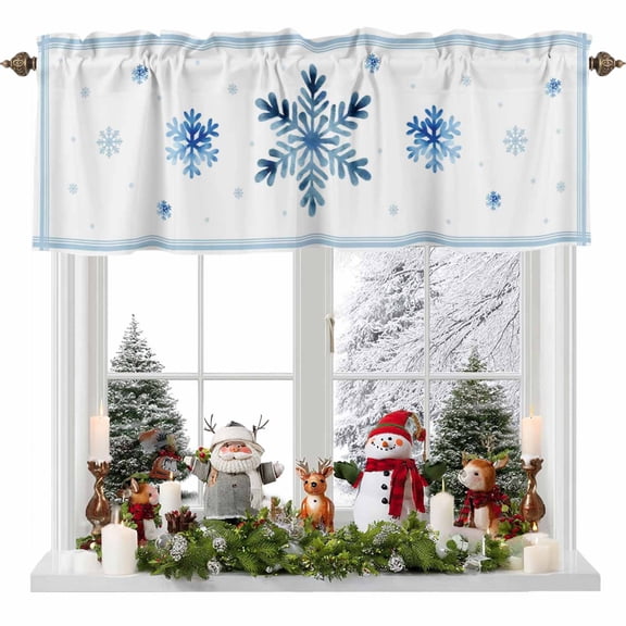 Gradient Navy Winter Snowflakes Valances for Windows, 54 x 18in, Blue Stripes Christmas Rod Pocket Kitchen Valance Curtain Light Filtering Window Treatments for Living Room Bedroom, 1 Panel