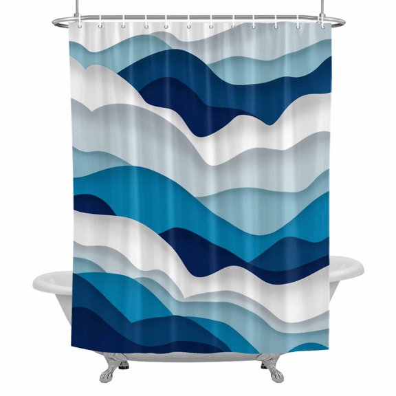 Gradient Ocean Bathroom Shower Curtain, Waves Blue Teal Gradient Waves Waterproof Washable Soft Bath Curtain for Bathtub Decor with 12 Hooks&Grommet, 48x72 Inch