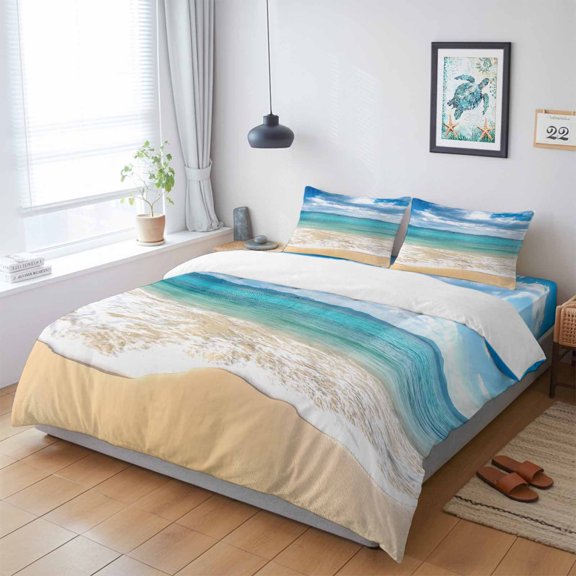 Gradient Ocean Beach Wavy King Size Bed Set,Seaside Blue Sky Clouds Bedding for All Seasons,4 Pcs Bed Set with 1 Quiltcover (104"x90"),1 Sheet (108"x98"),2 Pillowcases (20"x36")