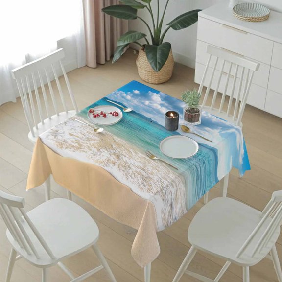 Gradient Ocean Beach Wavy Table Cloth 54x54in, Waterproof Square Tablecloth Wipeable Tablecloths Seaside Blue Sky Clouds Table Covers for Dining Tables Party Indoor Outdoor