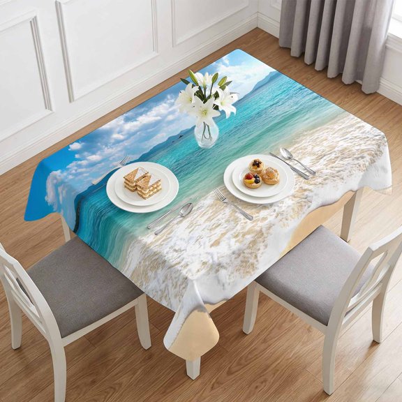 Gradient Ocean Beach Wavy Table Cloth 60x84in, Waterproof Rectangle Tablecloth Wipeable Tablecloths Seaside Blue Sky Clouds Table Covers for Dining Tables Party Indoor Outdoor