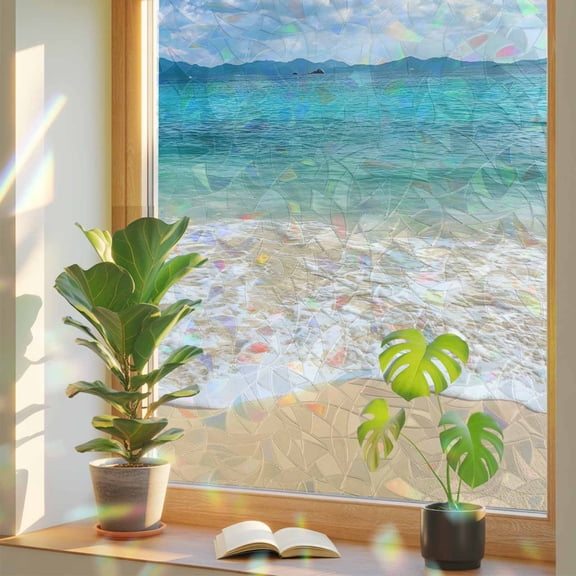 Gradient Ocean Beach Wavy Window Privacy Film, Rainbow Film Decorative Window Sticker 17.7x39.3in, Seaside Blue Sky Clouds Sun Blocking Static Stained Glass Cling Tint Non-Adhesive