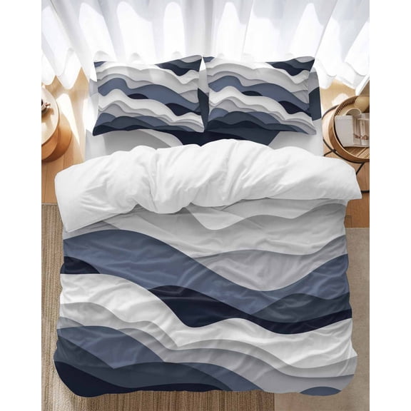 Gradient Ocean Bedding Duvet Cover Set Queen Size 4 Pieces Waves Dark Blue Gradient Waves Bedding Set with Zipper Closure, 1 Comforter Cover 90x92 Inches 1 Flat Sheet & 2 Pillow Cases