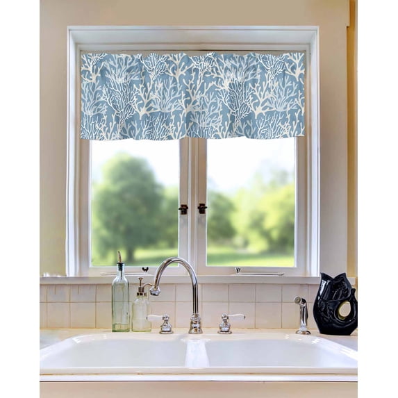 Gradient Ocean Blue White Coral Window Valances for Kitchen,Rod Pocket Valance Privacy Small Curtain,Marine Theme Sealife Window Treatment Drapes for Bedroom Laundry Room Farmhouse Home Decor