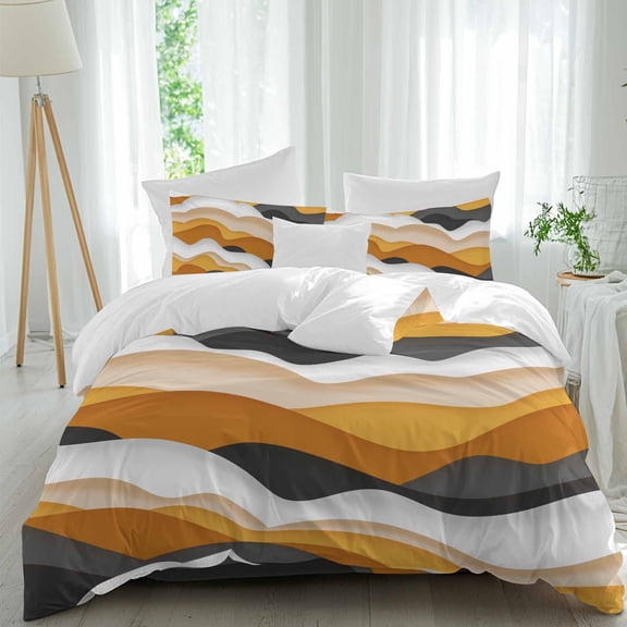 Gradient Ocean Duvet Cover Set Twin Size, Waves Orange Gray Gradient Waves 4 Piece Soft Microfiber Bedding Set with 1 Duvet Cover, 1 Flat Sheet, 2 Pillowcases