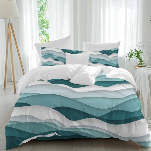 Gradient Ocean Duvet Cover Set Twin Size, Waves Turquoise Teal Gradient Waves 4 Piece Soft Microfiber Bedding Set with 1 Duvet Cover, 1 Flat Sheet, 2 Pillowcases