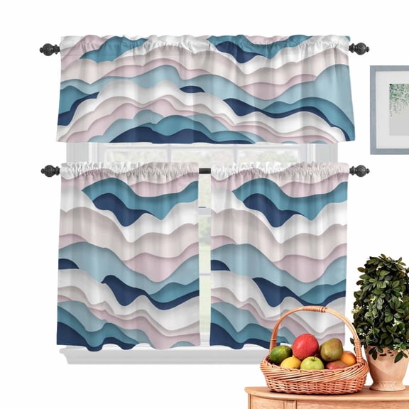 Gradient Ocean Kitchen Curtains Valances 3 Piece Set, Waves Blue Pink Gradient Waves Rod Pocket Tier Curtain and Valance Drapes for Small Window 24 Inch Length for Bedroom Cafe
