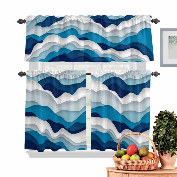 Gradient Ocean Kitchen Curtains Valances 3 Piece Set, Waves Blue Teal Gradient Waves Rod Pocket Tier Curtain and Valance Drapes for Small Window 24 Inch Length for Bedroom Cafe
