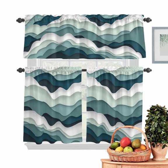 Gradient Ocean Kitchen Curtains Valances 3 Piece Set, Waves Cyan Gradient Waves Rod Pocket Tier Curtain and Valance Drapes for Small Window 24 Inch Length for Bedroom Cafe