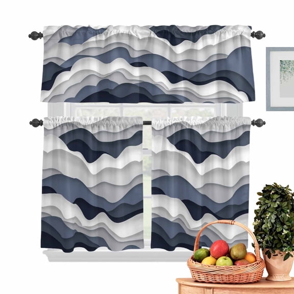 Gradient Ocean Kitchen Curtains Valances 3 Piece Set, Waves Dark Blue Gradient Waves Rod Pocket Tier Curtain and Valance Drapes for Small Window 36 Inch Length for Bedroom Cafe