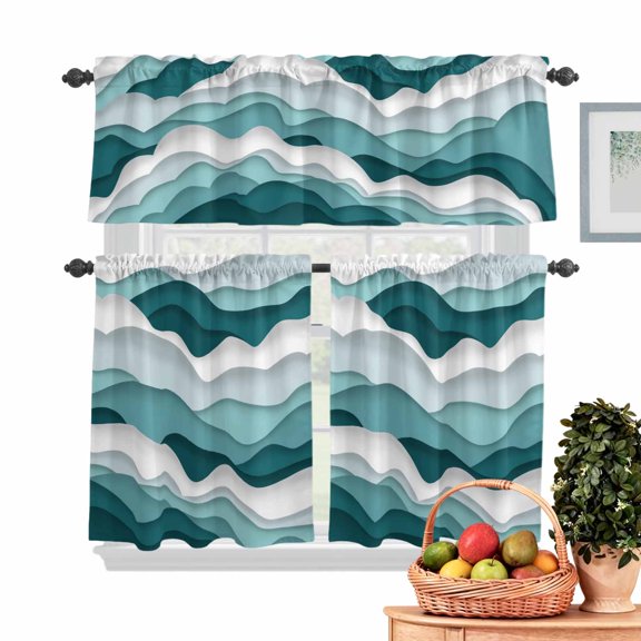 Gradient Ocean Kitchen Curtains Valances 3 Piece Set, Waves Turquoise Teal Gradient Waves Rod Pocket Tier Curtain and Valance Drapes for Small Window 24 Inch Length for Bedroom Cafe