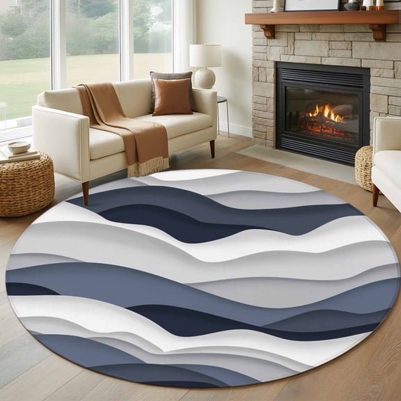 Gradient Ocean Round Rugs for Living Room 5ft Waves Dark Blue Gradient Waves Non Slip Circle Rug Washable Low-Profile Indoor Carpet for Bedroom, Dining Room, Bathroom