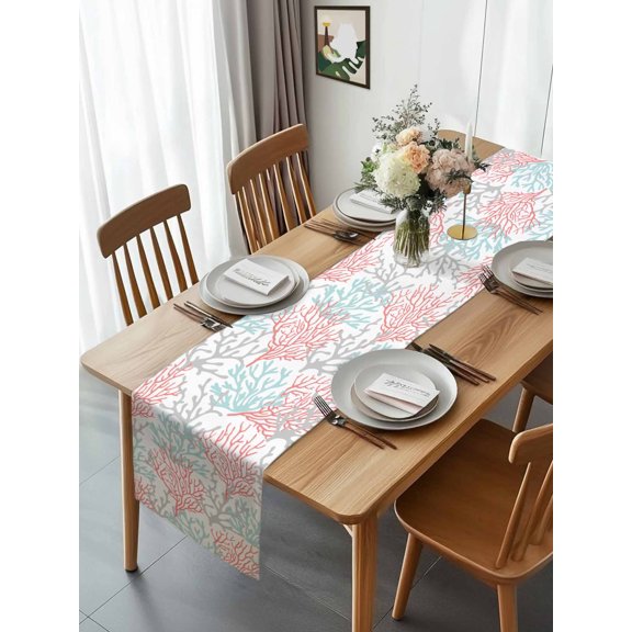 Gradient Ocean Sea Coral Table Runner 13x70in Non-Slip Cotton Linen Table Runners, Grey Red Aqua Sealife Dresser Scarves TableRunner for Dinner Kitchen Dining Wedding Party
