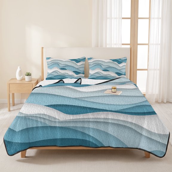 Gradient Ocean Sea Waves 3 Pieces Quilt Set,1 Quilt with 2 Shams,Coastal Blue White Wave Bedspread Soft Lightweight Bedding Coverlet Comforter Set for All Season 96"x106"