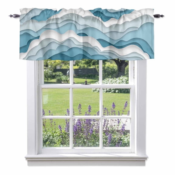 Gradient Ocean Sea Waves Valances for Windows,Rod Pocket Valance for Kitchen Bedroom Bathroom Living Room, Coastal Blue White Wave Window Valance Curtain Farmhouse Home Decor Short Curtains 54x18in