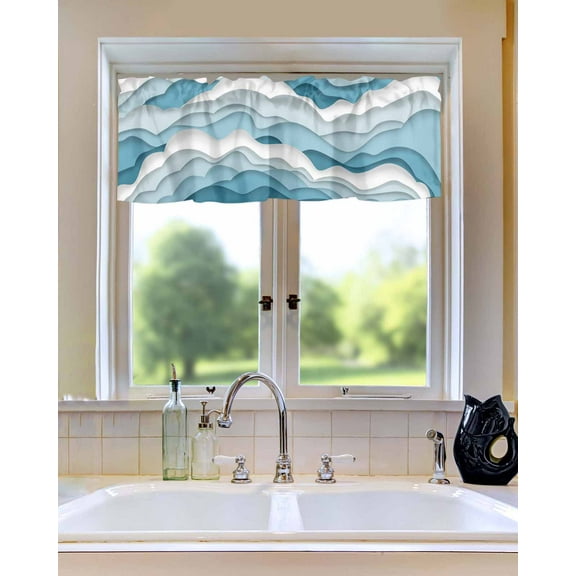 Gradient Ocean Sea Waves Window Valances for Kitchen,Rod Pocket Valance Privacy Small Curtain,Coastal Blue White Wave Window Treatment Drapes for Bedroom Laundry Room Farmhouse Home Decor