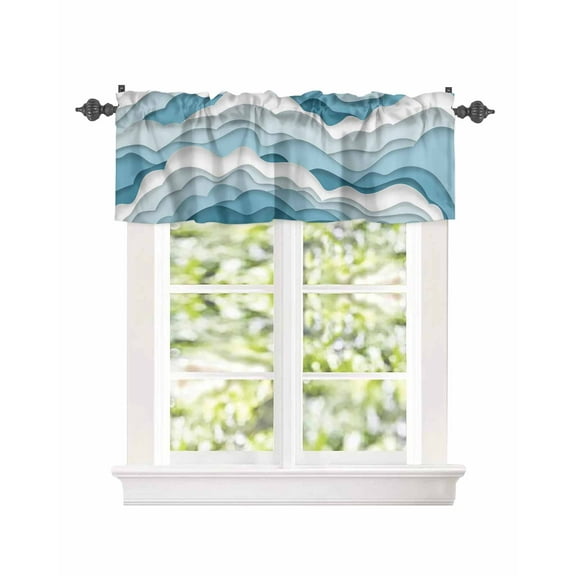 Gradient Ocean Sea Waves Window Valances for Kitchen,Rod Pocket Valance Privacy Small Curtain,Coastal Blue White Wave Window Treatment Drapes for Bedroom Laundry Room Farmhouse Home Decor 54x18in