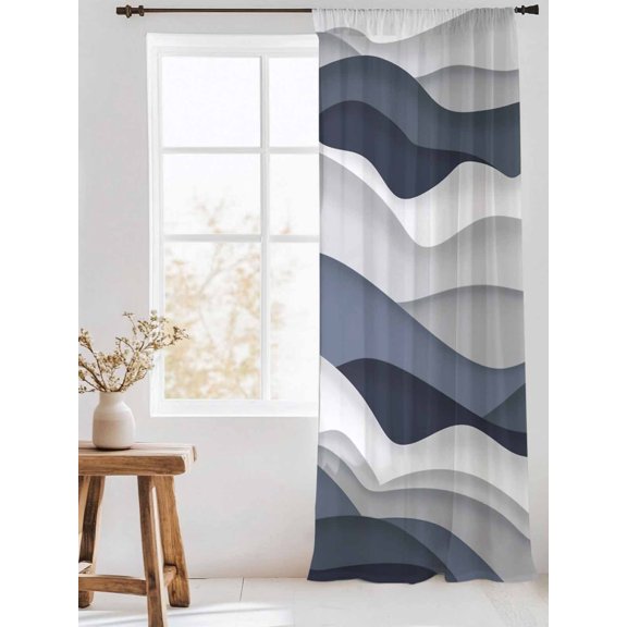 Gradient Ocean Sheer Curtains 108 Inch Long 1 Panel Waves Dark Blue Gradient Waves Light Filterring Curtain Drapes Rod Pocket Voile Window Curtain for Living Room Bedroom 52" x 108"
