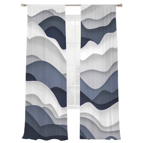 Gradient Ocean Sheer Curtains 2 Panels Set Waves Dark Blue Gradient Waves Sheer Window Curtains Light Filtering Rod Pocket Voile Drapes for Bedroom Living Room 52"X108"