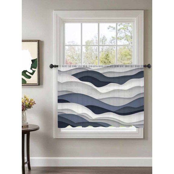 Gradient Ocean Sheer Curtains 45 Inch Long 1 Panel Waves Dark Blue Gradient Waves Rod Pocket Voile Cafe Curtains Light Filtering Small Window Treatments for Kitchen Basement 52" x 45"