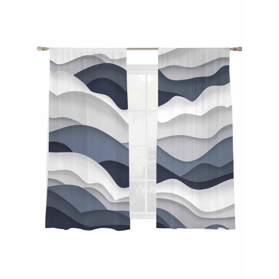 Gradient Ocean Sheer Curtains 72 Inch Long 2 Panels, Waves Dark Blue Gradient Waves Light Filtering Rod Pocket Curtains, Sheer Voile Drapes for Living Room Bedroom, 52"x72"