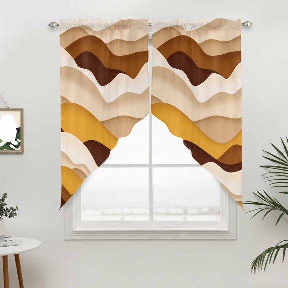 Gradient Ocean Swag Curtain Valance for Windows, Waves Brown Orange Gradient Waves Window Treatments Short Swag Topper for Kitchen Windows Bathroom Bedroom, 28"x36"