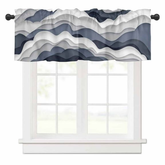 Gradient Ocean Valances for Windows Waves Dark Blue Gradient Waves Rod Pocket Curtain Valance Window Treatment Short Curtains for Kitchen Living Room, 42"x12"